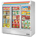 True GDM-72F-HC~TSL01 78-inch white triple glass door display freezer stocked with frozen foods, angled view