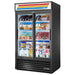 True GDM Series 47-inch black double glass door display refrigerator with sliding doors, stocked with food