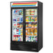 True GDM Series 47-inch black double glass door display refrigerator with swing doors, stocked with drinks