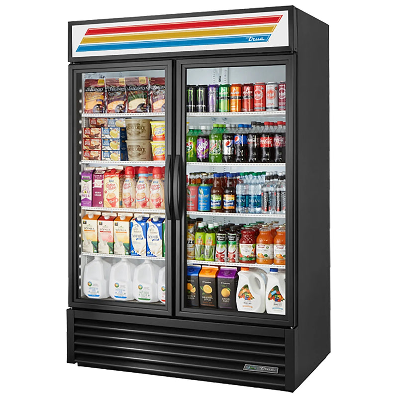 True GDM Series 54-inch black double glass door display refrigerator with swing doors, stocked with drinks