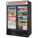 True GDM Series 54-inch black double glass door display refrigerator with swing doors, stocked with drinks