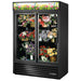 True GDM Series 54-inch black double sliding glass door flower display refrigerator filled with bouquets