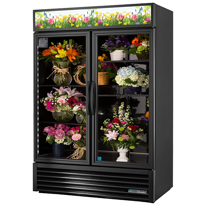 True GDM Series 54-inch black double swing glass door flower display refrigerator filled with bouquets