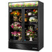 True GDM Series 54-inch black double swing glass door flower display refrigerator filled with bouquets