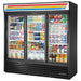 True GDM Series 78-inch black triple glass door display refrigerator with sliding doors, stocked with food