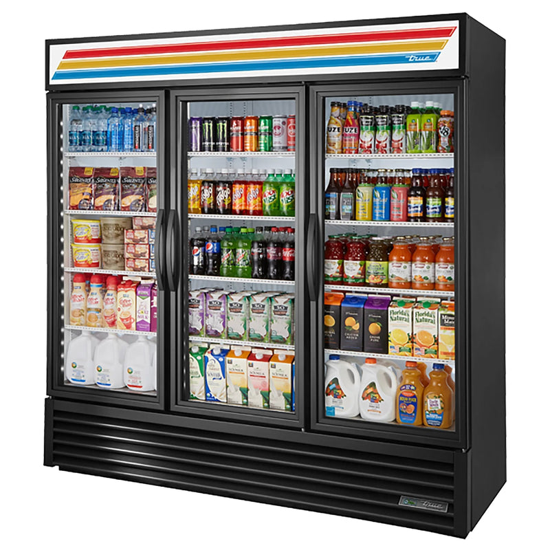 True GDM Series 78-inch black triple glass door display refrigerator with swing doors, stocked with drinks
