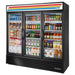 True GDM Series 78-inch black triple glass door display refrigerator with swing doors, stocked with drinks