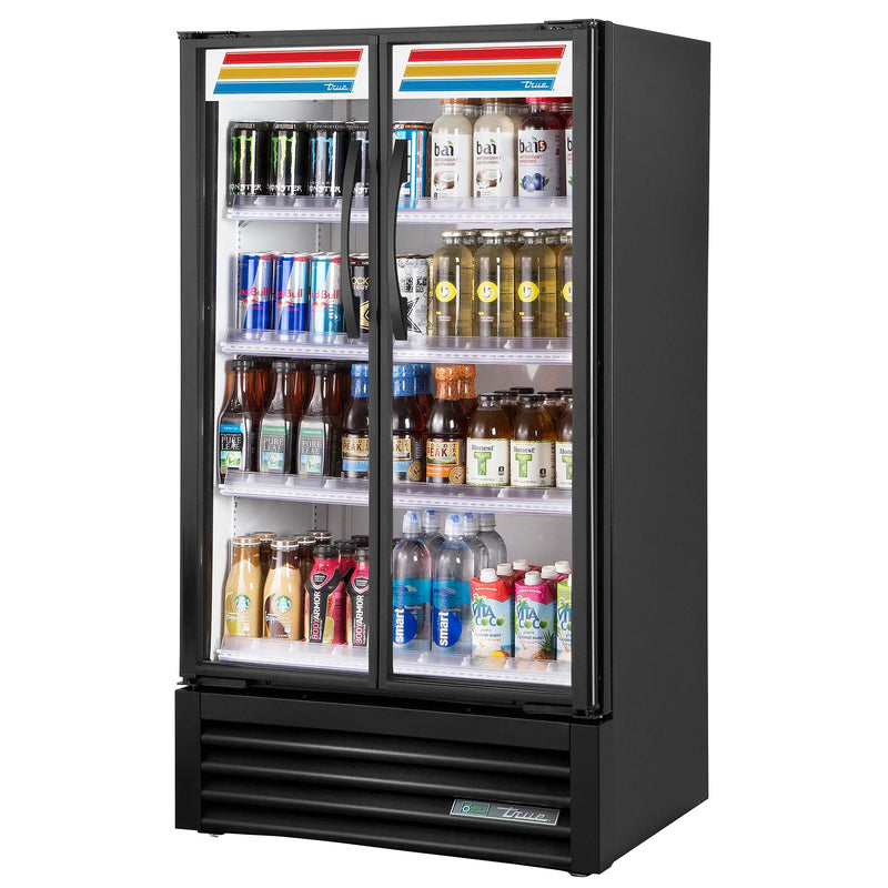 True Slim Line TVM-30SL-HC~VM03 31-inch black double glass door display refrigerator stocked with drinks