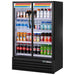True Slim Line TVM-36SL-HC~VM03 36-inch black double glass door display refrigerator stocked with beverages