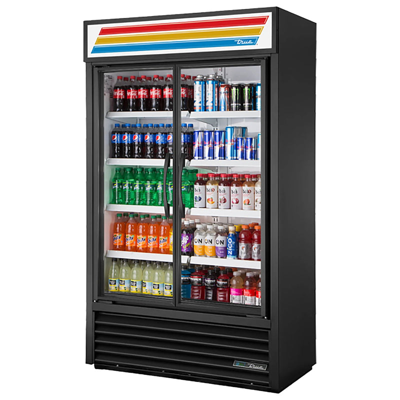 True Slim Line TVM-48SL-HC~VM01 48-inch black double glass door display refrigerator with sign, stocked