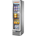 True T-11G 19" wide single glass door display refrigerator in stainless steel, stocked with milk and snacks