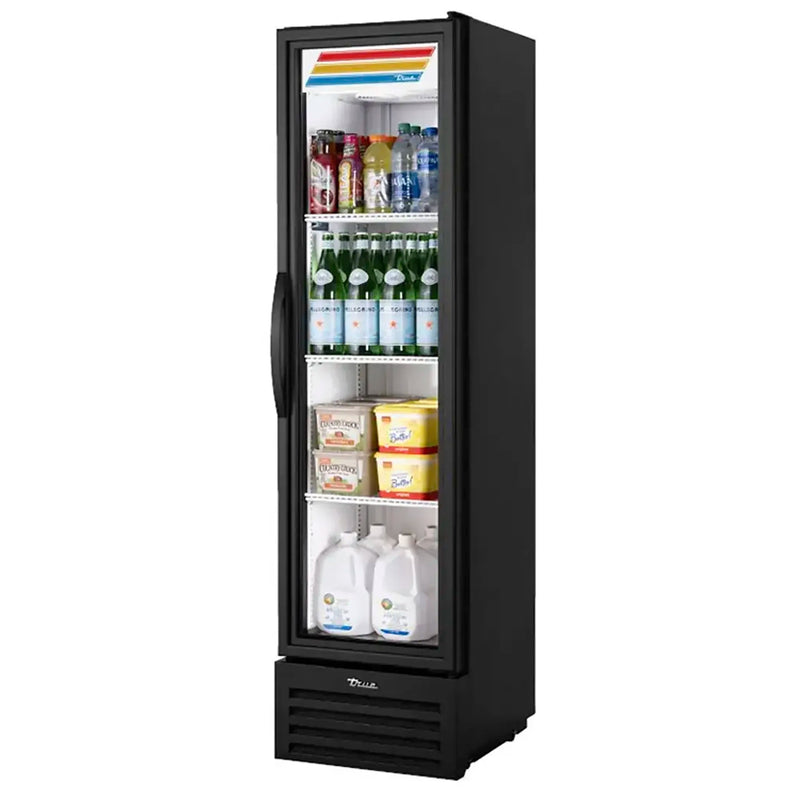 True T-11G 19" wide single glass door display refrigerator in black, stocked with drinks and dairy, angled view