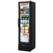 True T-11G 19" wide single glass door display refrigerator in black, stocked with drinks and dairy, angled view