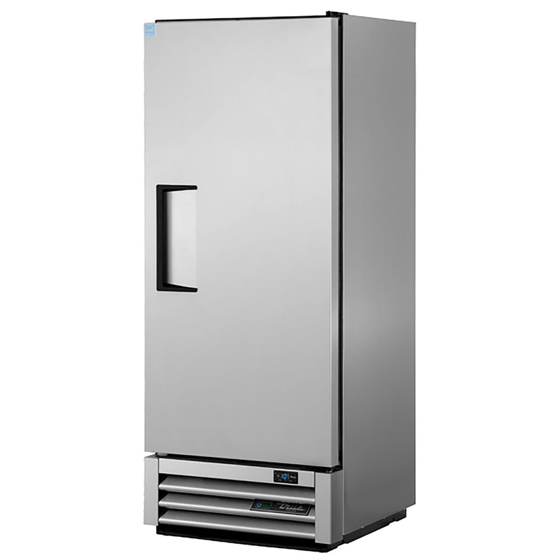 True T-12F-HC 25" wide single solid door stainless steel reach-in freezer with door closed, angled view