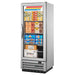 True T-12FG-HC~FGD01 25" wide single glass door display freezer with lighted sign, stocked with frozen foods