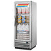 True T-12G-HC~FGD01 25" wide single glass door display refrigerator with lighted sign, stocked with dairy and eggs