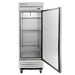 True T-19-HC 27" wide shallow stainless steel refrigerator with door open showing the white interior and shelves