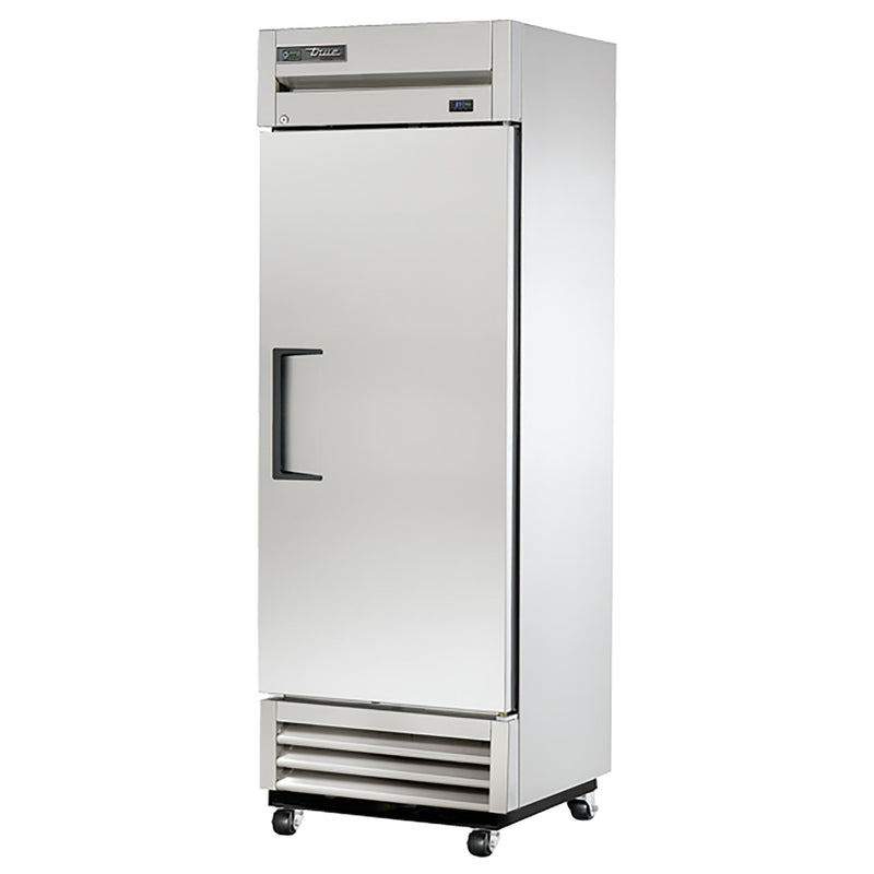 True T-19F-HC 27" wide shallow depth single solid door stainless steel reach-in freezer on casters, door closed