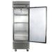 True T-23-HC 27" wide stainless steel reach-in refrigerator with the solid door open showing wire shelving inside
