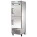 True T-23DT-HC 27" wide stainless steel refrigerator/freezer with two split half doors and casters, angled view