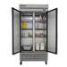 True T-35-HC 40" wide stainless steel reach-in refrigerator with both doors open showing stocked wire shelves