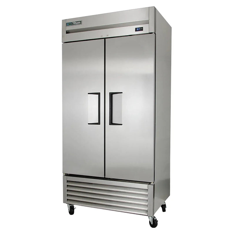 True T-35-HC 40" wide two solid door stainless steel reach-in refrigerator with doors closed, angled view