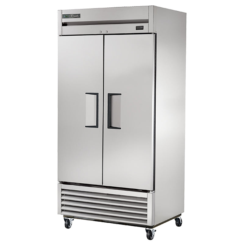 True T-35F-HC 40" wide two solid door stainless steel reach-in freezer on casters with doors closed, angled view