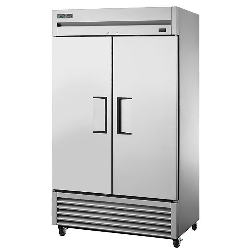 True T-43F-HC 47" wide two solid door stainless steel reach-in freezer on casters with doors closed, angled view