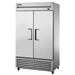 True T-43F-HC 47" wide two solid door stainless steel reach-in freezer on casters with doors closed, angled view