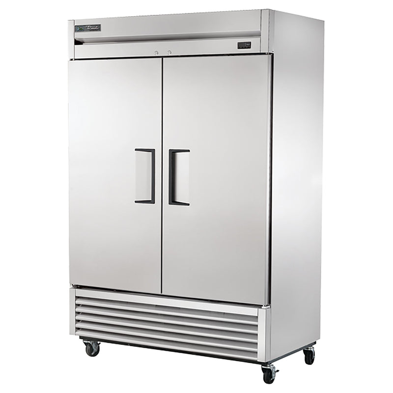 True T-49-HC 54" wide two solid door stainless steel reach-in refrigerator on casters with doors closed