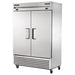 True T-49DT-HC 54" wide two door stainless steel refrigerator/freezer on casters with doors closed, angled view