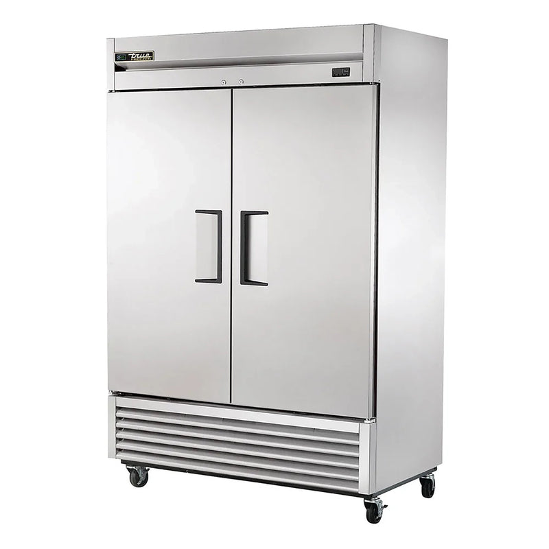 True T-49F-HC 54" wide two solid door stainless steel reach-in freezer on casters with doors closed, angled view