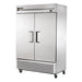 True T-49F-HC 54" wide two solid door stainless steel reach-in freezer on casters with doors closed, angled view