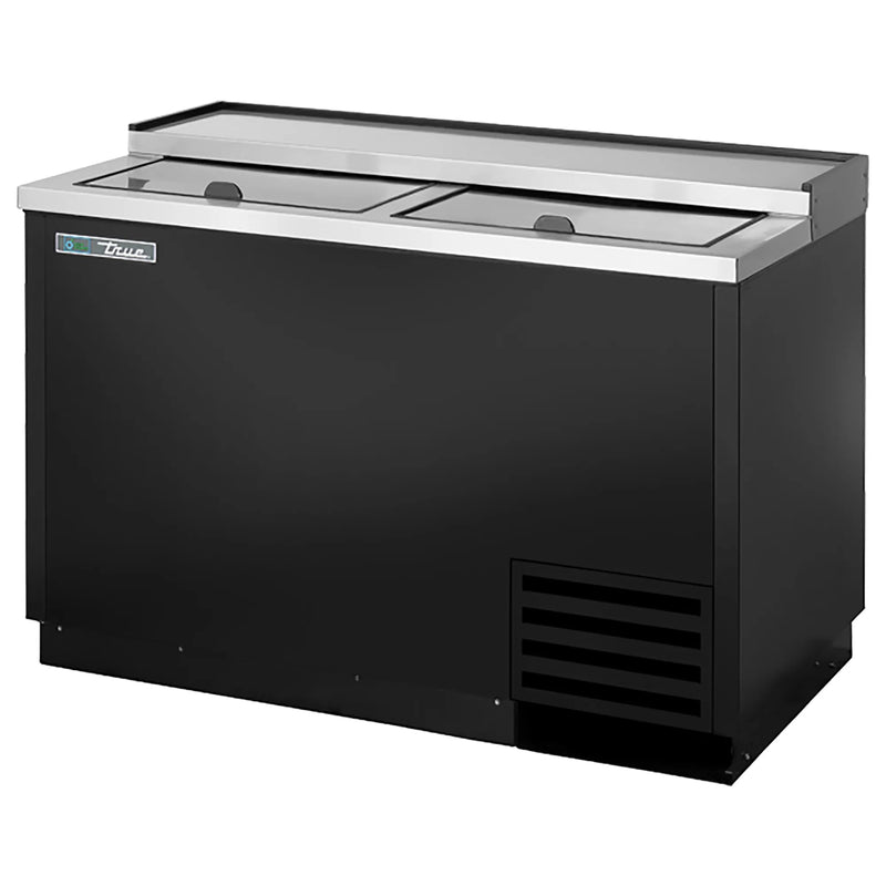 True T-50-GC Series 50-inch glass and plate chiller in black finish with two sliding stainless lids