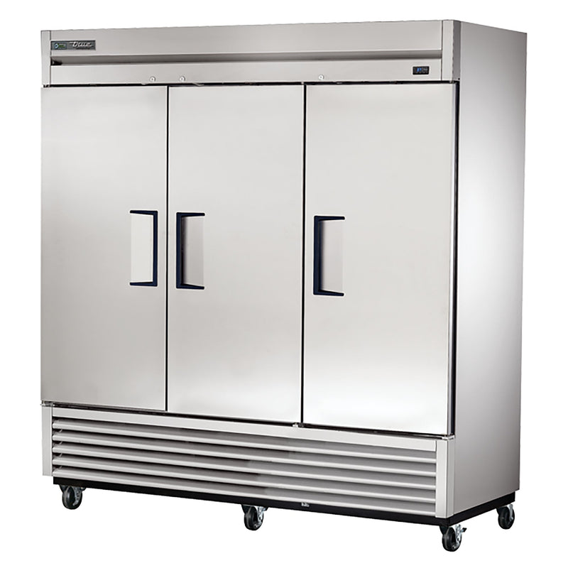 True T-72-HC 78" wide three solid door stainless steel reach-in refrigerator on casters, doors closed, angled view