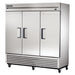 True T-72-HC 78" wide three solid door stainless steel reach-in refrigerator on casters, doors closed, angled view