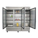 True T-72F-HC 78" wide stainless steel reach-in freezer with all three doors open showing wire shelving inside