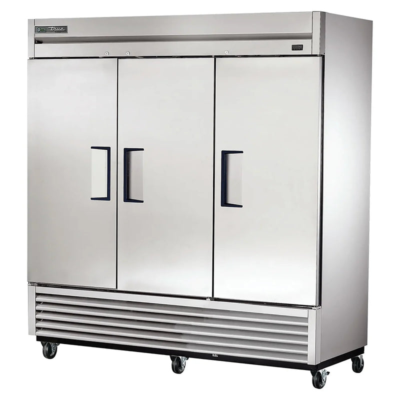 True T-72F-HC 78" wide three solid door stainless steel reach-in freezer on casters with doors closed, angled view