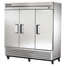 True T-72F-HC 78" wide three solid door stainless steel reach-in freezer on casters with doors closed, angled view