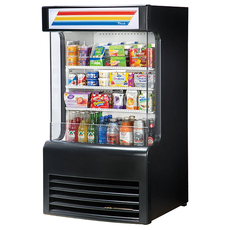 True TAC-14GS-LD 30-inch black open air refrigerator with lighted sign, stocked with drinks and snacks