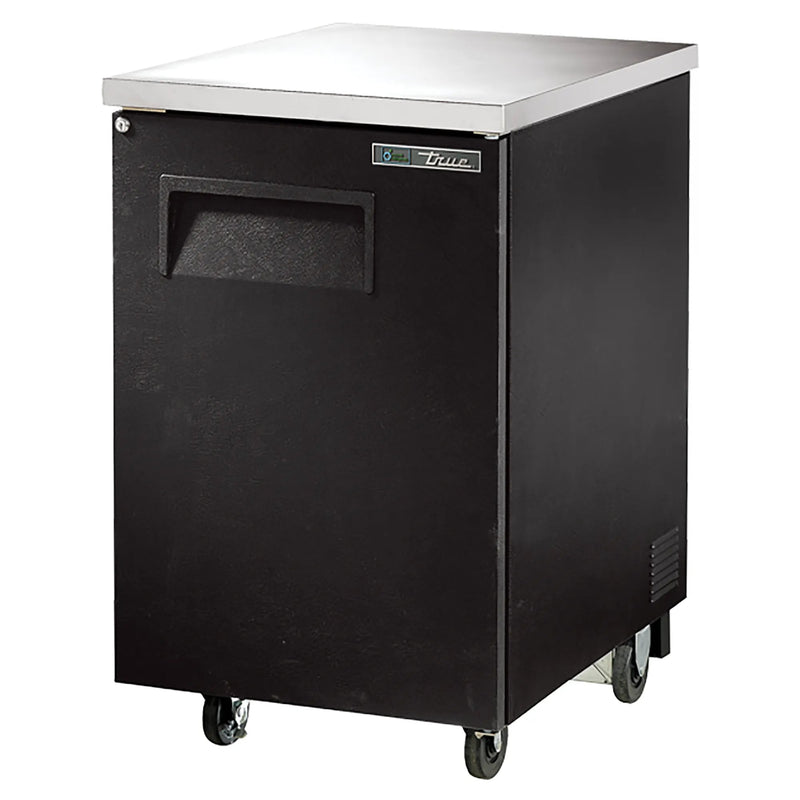 True TBB-1 Series 24-inch single door back bar cooler in black finish with stainless top, angled view