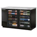 True TBB-2 Series 59-inch black double glass door back bar cooler stocked with bottled beer
