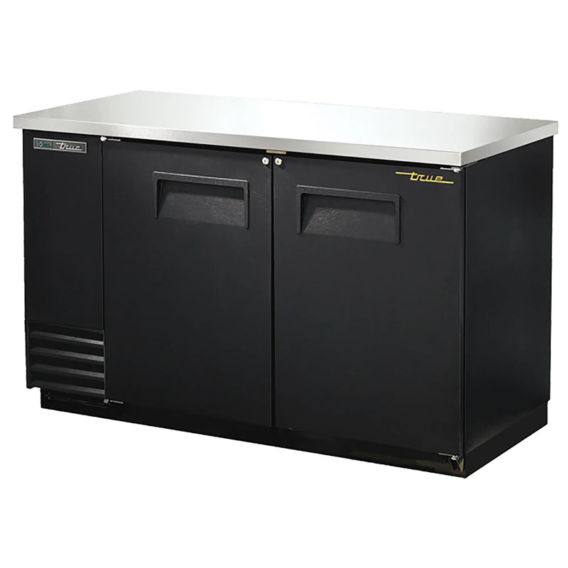 True TBB-2 Series 59-inch double door back bar cooler in black with solid doors and stainless top