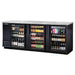 True TBB-4 Series 90-inch black triple glass door back bar cooler stocked with bottled beer