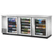 True TBB-4 Series 90-inch stainless steel triple glass door back bar cooler stocked with bottled drinks