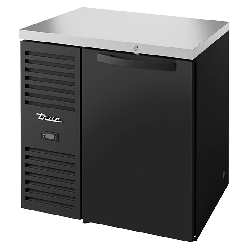 True TBR32-RISZ1-L Series 32-inch single door back bar cooler in black with solid door and stainless top