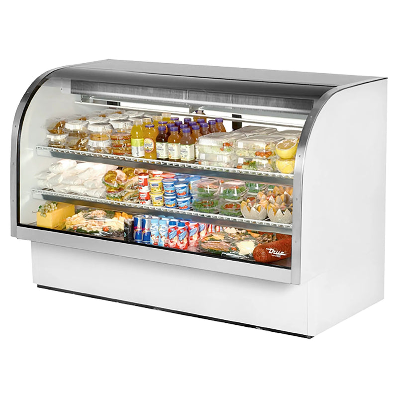 True TCGG-72-HC-LD 72-inch white curved glass refrigerated deli case stocked with drinks and sandwiches