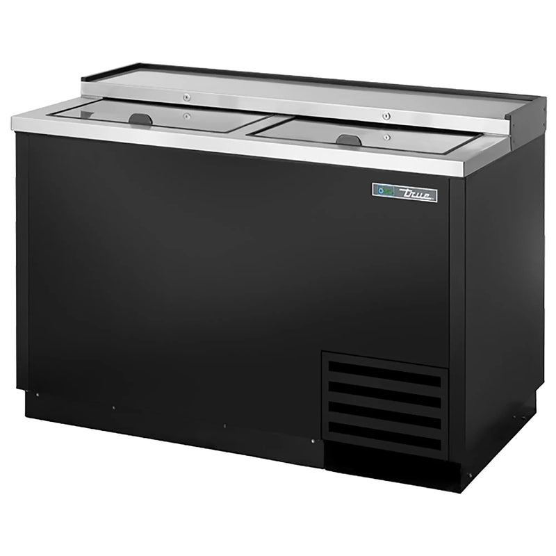True TD-50-18 Series 50-inch horizontal bottle cooler in black with two sliding stainless steel lids