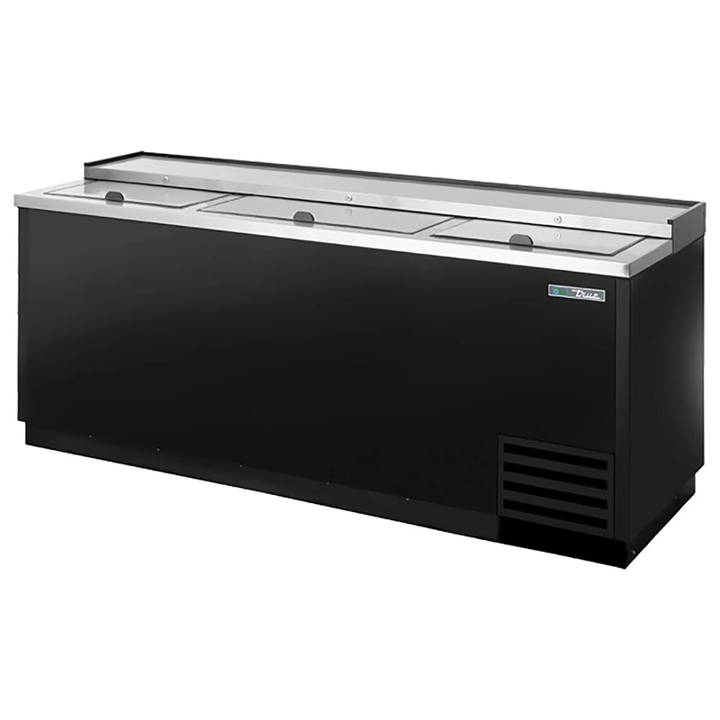 True TD-80-30 Series 80-inch horizontal bottle cooler in black finish with three sliding stainless lids