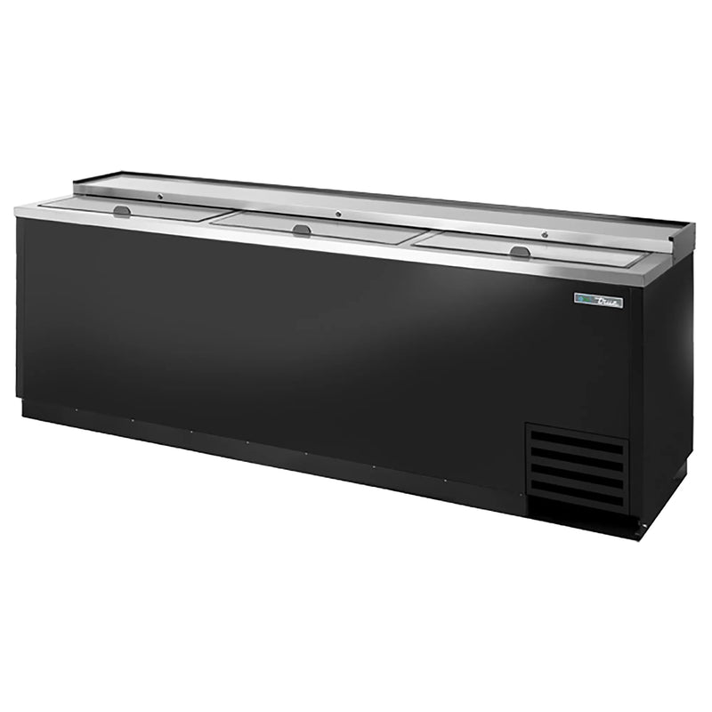 True TD-95-38 Series 95-inch horizontal bottle cooler in black finish with sliding stainless steel lids